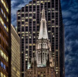 Church with skyscraper