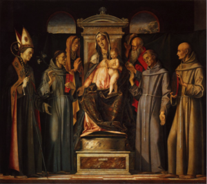 Alvise Vivarini, Sacra Conversazione (1480) (l-r, Ss. Louis, Anthony, Anna, the Virgin and Child, Joachim, Francis and Bernardino) 